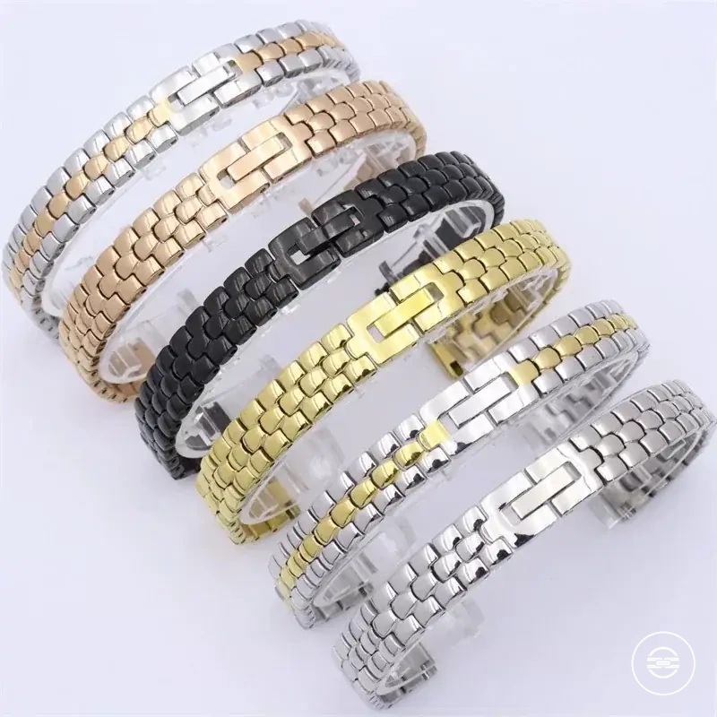 Narrow stainless steel mesh watch band in rose gold bracelet style