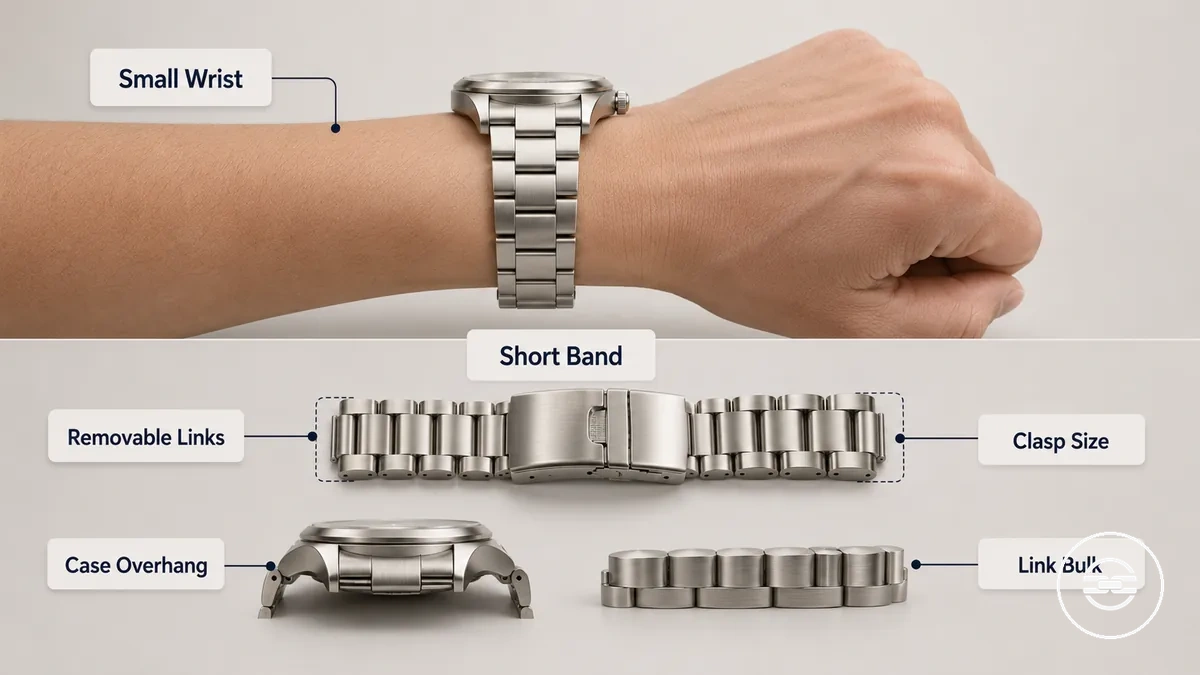 Small wrist with short metal watch band showing link bulk and clasp position