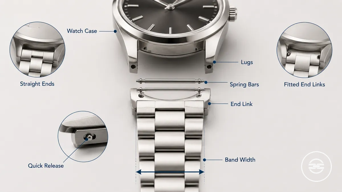 Watch case lugs and metal watch band end showing where spring bars seat