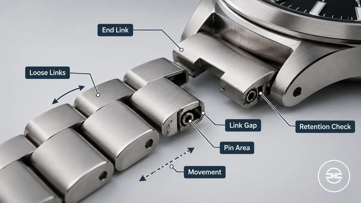 Loose metal watch bracelet links and end link gap causing rattling