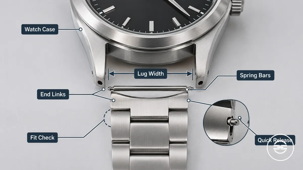 Annotated watch case and metal watch band compatibility points for lug width and attachment fit