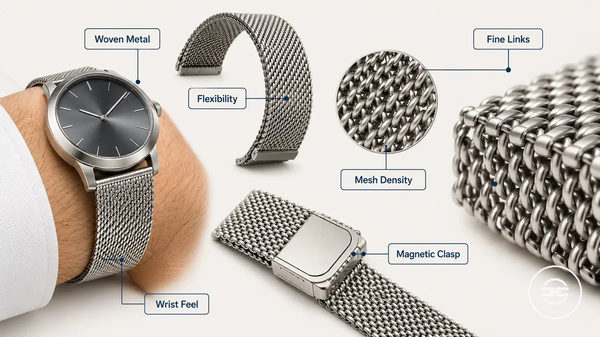 Annotated comparison of mesh and Milanese metal watch band construction