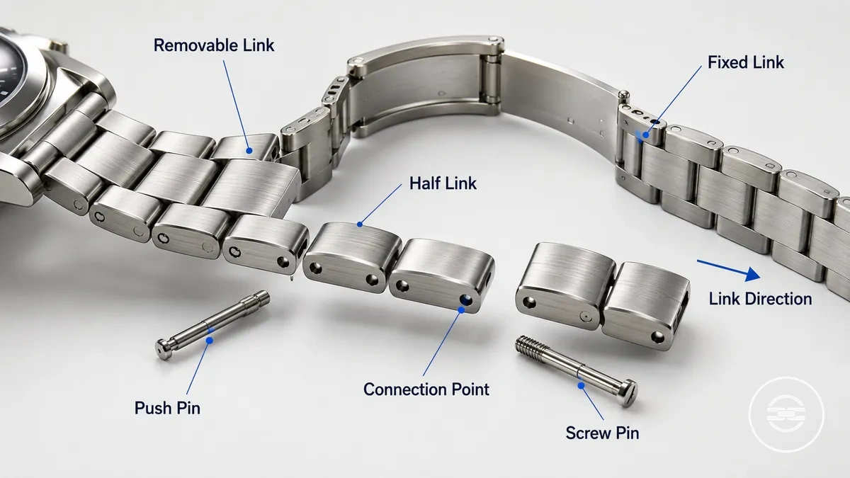 metal watch bracelet links and link connection points labeled