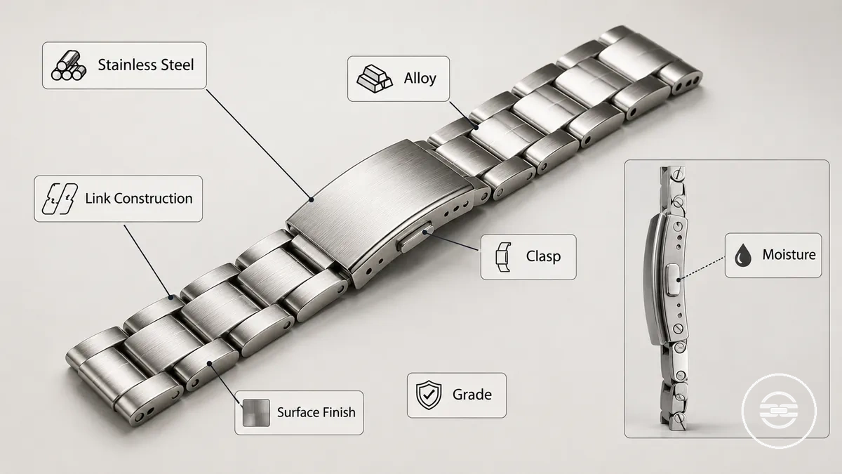Stainless steel watch band showing links, clasp and surface finish