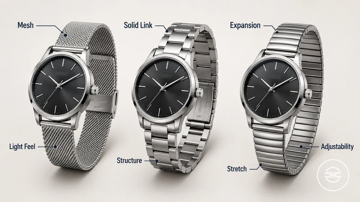 Comparison of mesh, solid link, and expansion-style metal watch bands