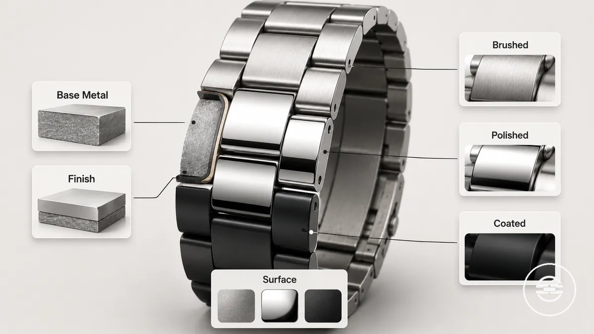 Diagrama que muestra el metal base y el acabado visible en una correa metálica para reloj.
