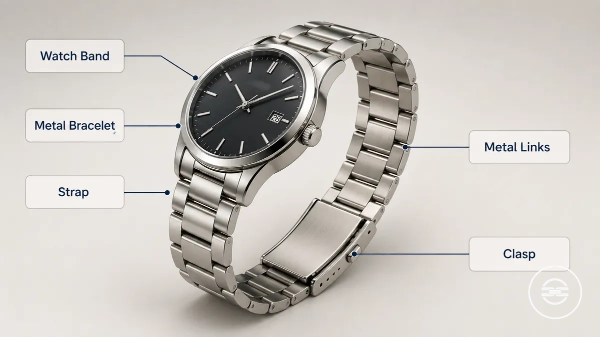 Brazalete metálico de reloj y correa de reloj: terminología mostrada con detalles de eslabones metálicos.