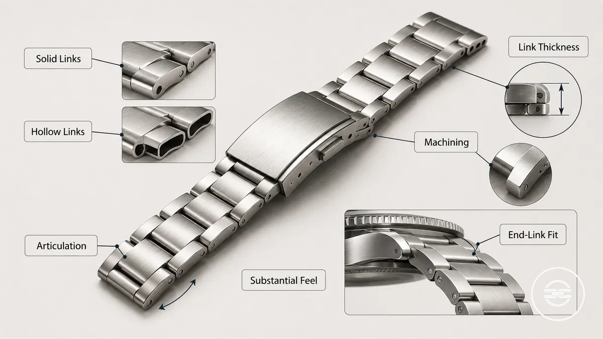 Pulsera de acero inoxidable macizo para reloj que muestra el grosor de los eslabones y la construcción del eslabón de conexión