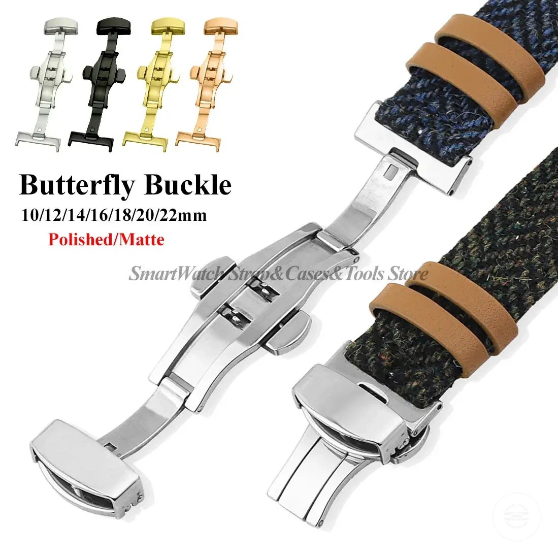 Boucle papillon pliante en acier inoxydable pour montre en finitions polie et mate