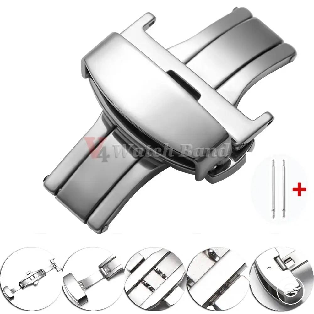 Boucle papillon à double bouton en acier inoxydable pour bracelet de montre en plusieurs largeurs