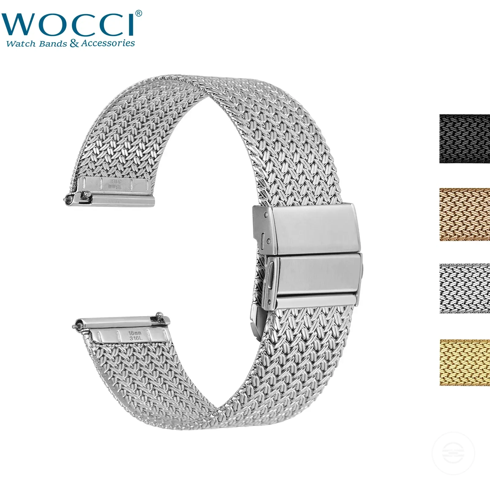Bracelet de montre métallique en maille tissée avec retrait rapide et fermoir pliant