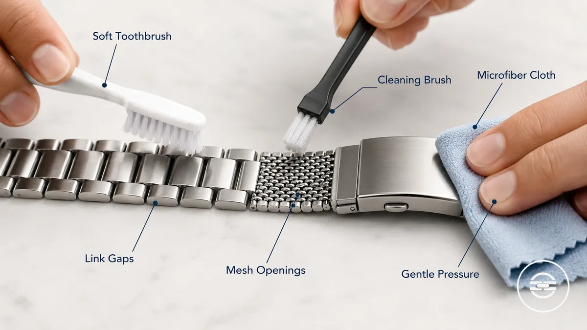 Brosse à dents souple, chiffon en microfibre et brosse de nettoyage pour un bracelet métallique de montre