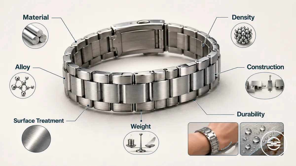 Bracelet de montre métallique annoté montrant le matériau, la construction, le traitement de surface et les facteurs de poids