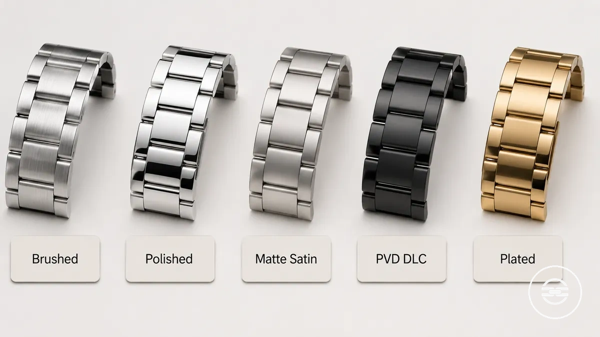 Principales finitions de surface pour bracelets métalliques incluant brossé, poli, mat et revêtu.