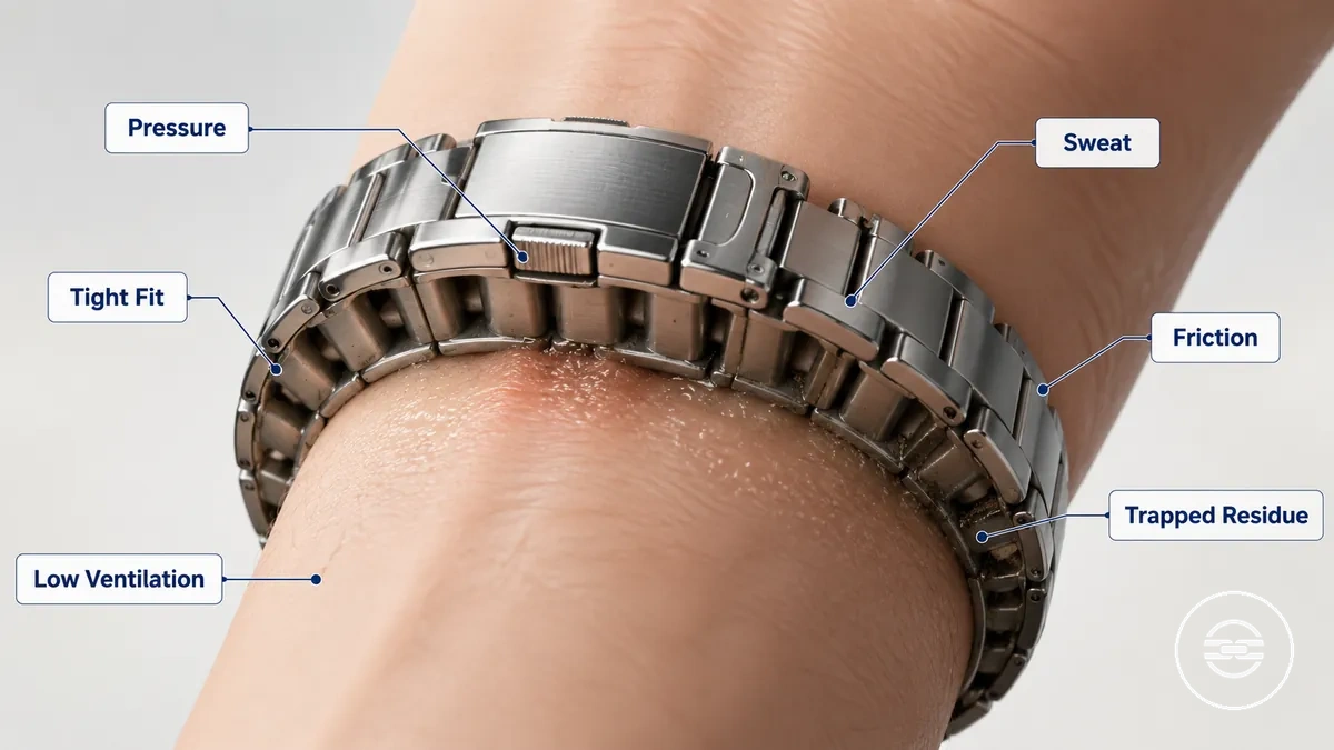 bracelet métallique annoté montrant les points de contact liés à la transpiration, aux frottements, à la pression et aux résidus