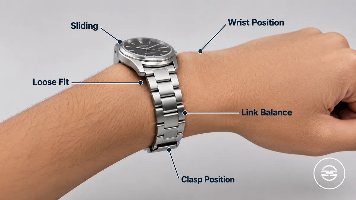 Pulseira metálica para relógio solta deslizando desigualmente no pulso