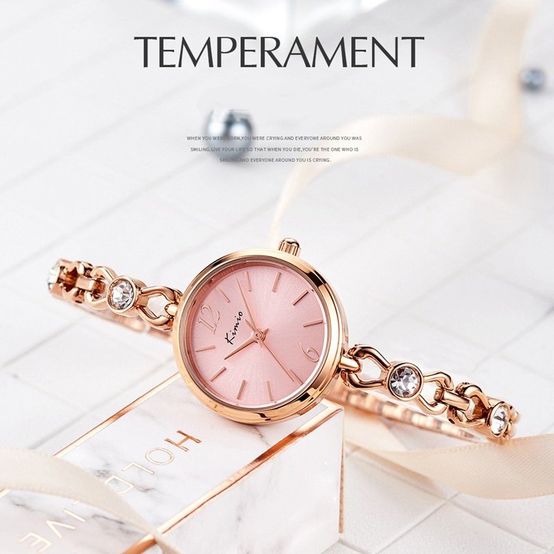 KIMIO montre Quartz de luxe pour femmes en or rose avec bracelet carr squelette en cristal