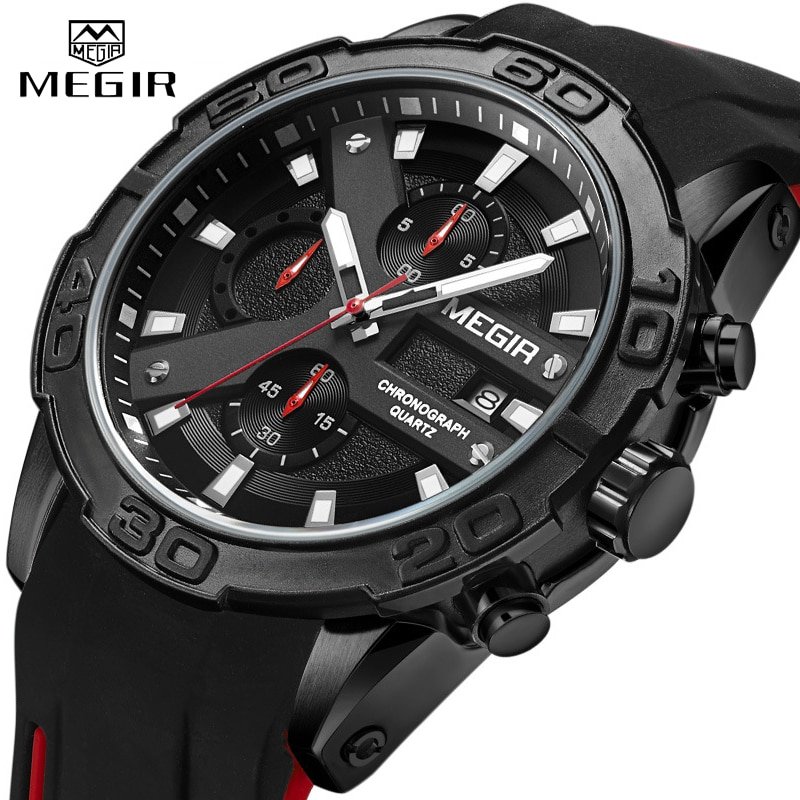 MEGIR montre bracelet Quartz analogique pour hommes tanche Sport chronographe Silicone militaire Date automatique MEGIR montre bracelet Quartz analogique pour hommes tanche Sport chronographe Silicone militaire Date automatique