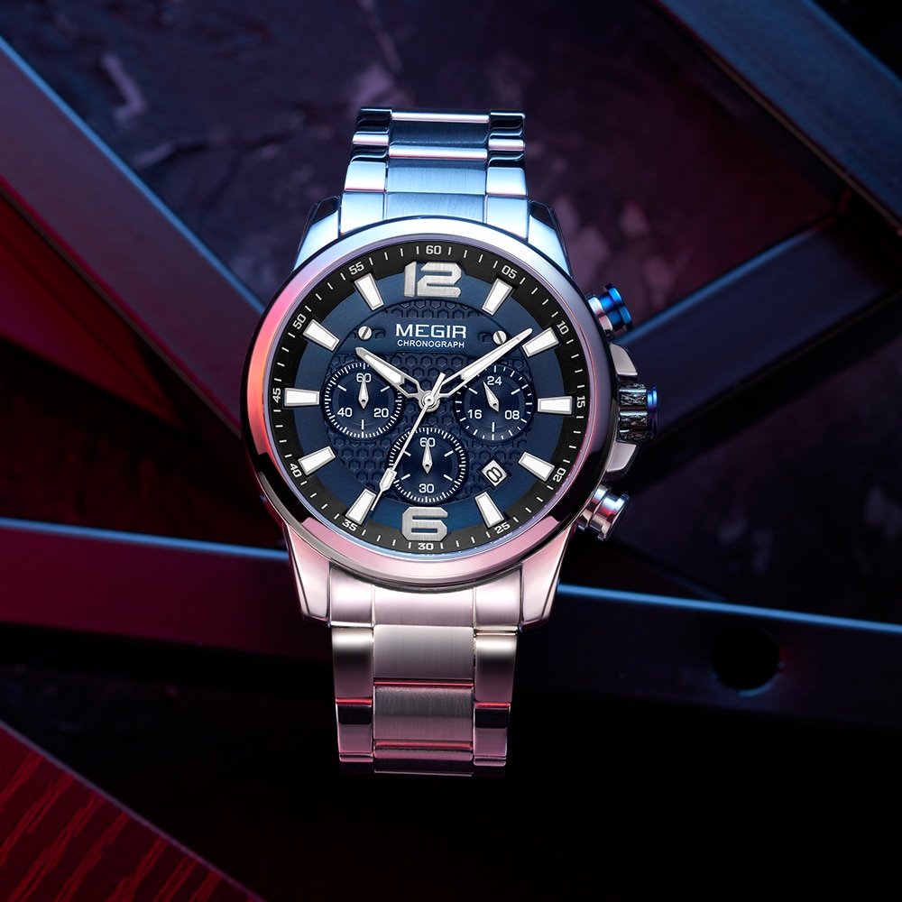 MEGIR montre de Sport Quartz pour hommes marque de luxe enti rement en acier tanche lumineuse 1