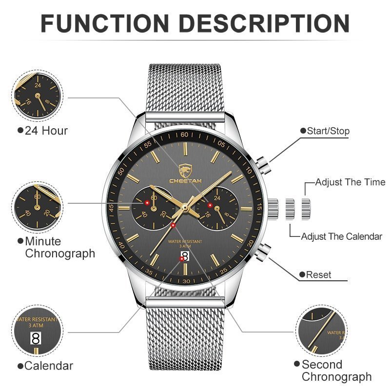 CHEETAH montre Quartz pour hommes montre pour hommes en acier inoxydable tanche chronographe de sport et 2