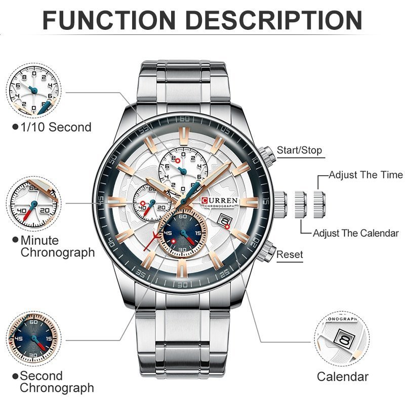 Curren montre de sport Quartz pour hommes en acier inoxydable grand cadran chronographe 3 Curren montre de sport Quartz pour hommes en acier inoxydable grand cadran chronographe 3