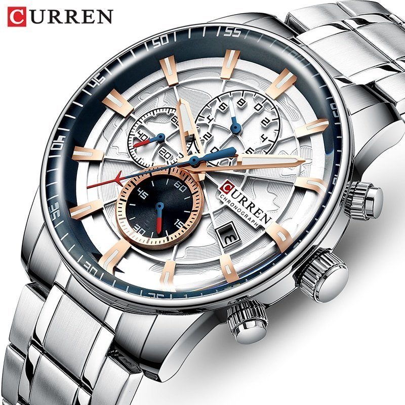 Curren montre de sport Quartz pour hommes en acier inoxydable grand cadran chronographe