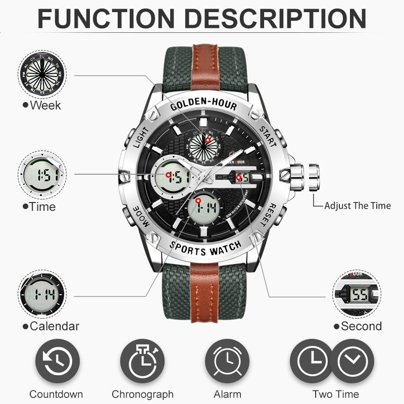 GOLDENHOUR montre bracelet Quartz pour hommes mode militaire double affichage tanche cadran lumineux horloge de Sport 1 GOLDENHOUR montre bracelet Quartz pour hommes mode militaire double affichage tanche cadran lumineux horloge de Sport 1