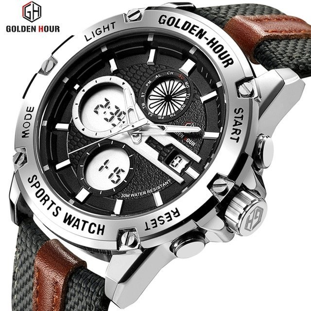 GOLDENHOUR montre bracelet Quartz pour hommes mode militaire double affichage tanche cadran lumineux horloge de Sport