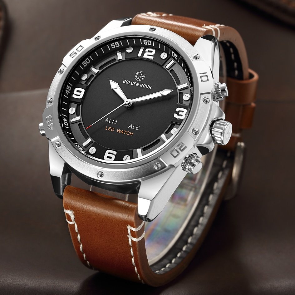 GOLDENHOUR montre bracelet en cuir pour homme accessoire de mode de Sport de luxe tanche style
