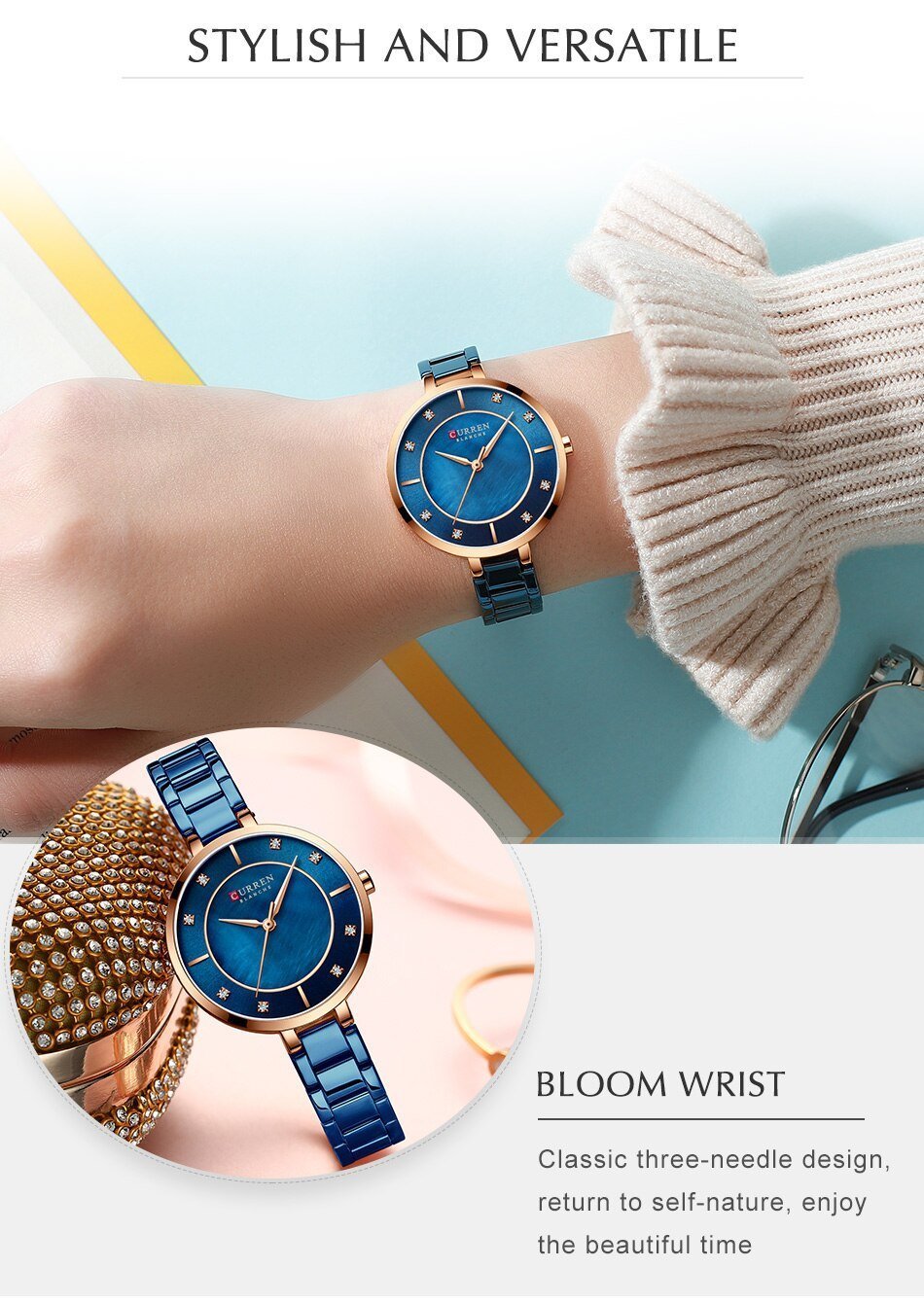 Montre CURREN CR11 – Montre-Bracelet Bleu pour Femmes et Filles – Style Luxueux