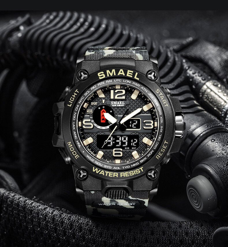 Montre Homme SMAEL SM01 Khaki – Montre Sport Militaire Camouflage – Affichage Numérique et Analogique avec Date