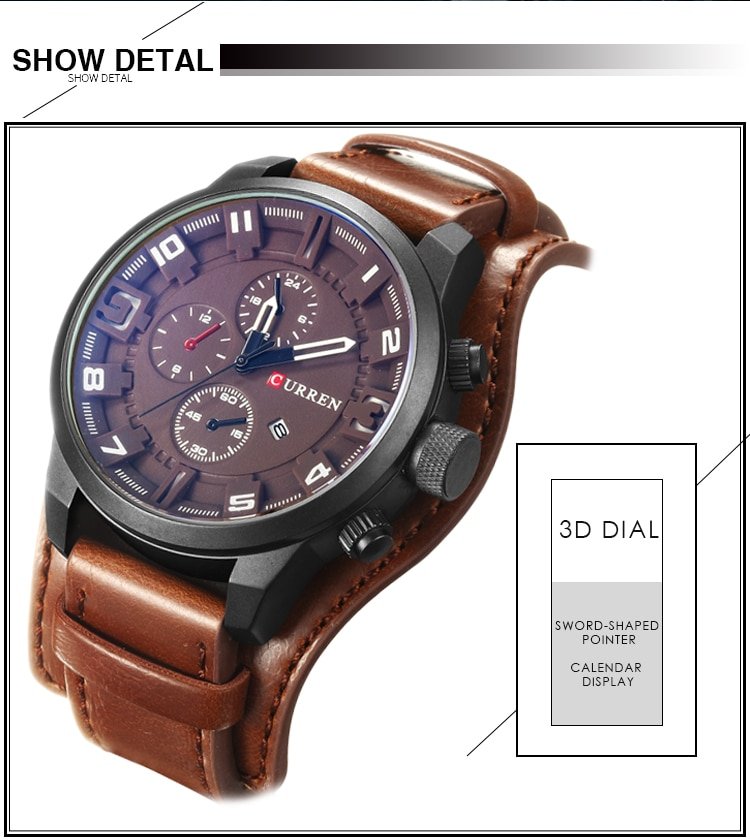 HTB1om6bcuGSBuNjSspbq6AiipXar Montre Homme CURREN CR15 – Bracelet en cuir Marron – Nouvelle Mode Style Armée