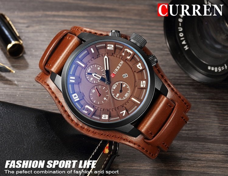 HTB1tOu4cqSWBuNjSsrbq6y0mVXal Montre Homme CURREN CR15 – Bracelet en cuir Marron – Nouvelle Mode Style Armée