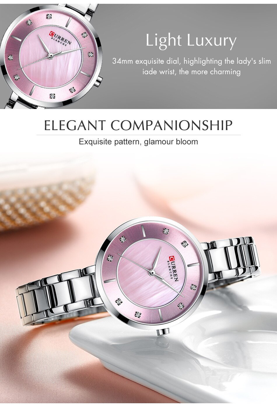 Montre CURREN CR13 – Montre-Bracelet Rose Silver pour Femmes – Style Luxueux