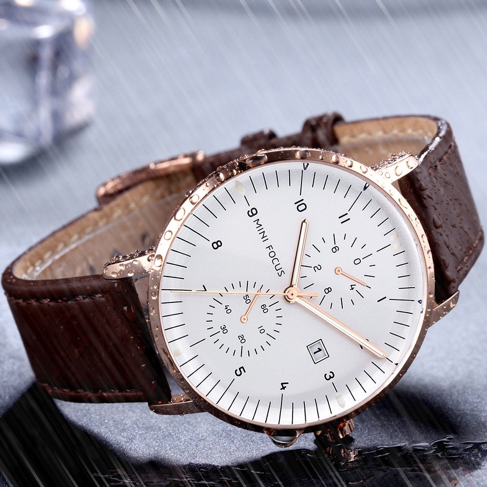 MINI FOCUS montre bracelet en cuir v ritable marron pour hommes horloge Quartz affichage automatique de 1 MINI FOCUS montre bracelet en cuir v ritable marron pour hommes horloge Quartz affichage automatique de 1