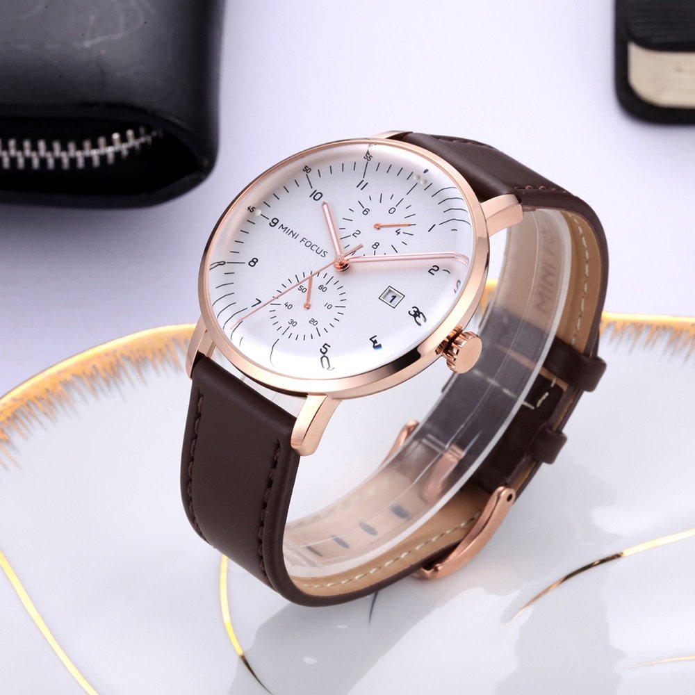 MINI FOCUS montre bracelet en cuir v ritable marron pour hommes horloge Quartz affichage automatique de 2 MINI FOCUS montre bracelet en cuir v ritable marron pour hommes horloge Quartz affichage automatique de 2