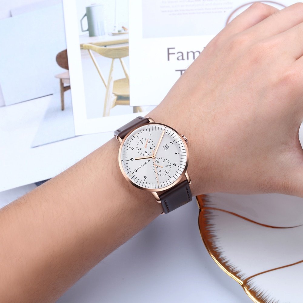 MINI FOCUS montre bracelet en cuir v ritable marron pour hommes horloge Quartz affichage automatique de 4 MINI FOCUS montre bracelet en cuir v ritable marron pour hommes horloge Quartz affichage automatique de 4