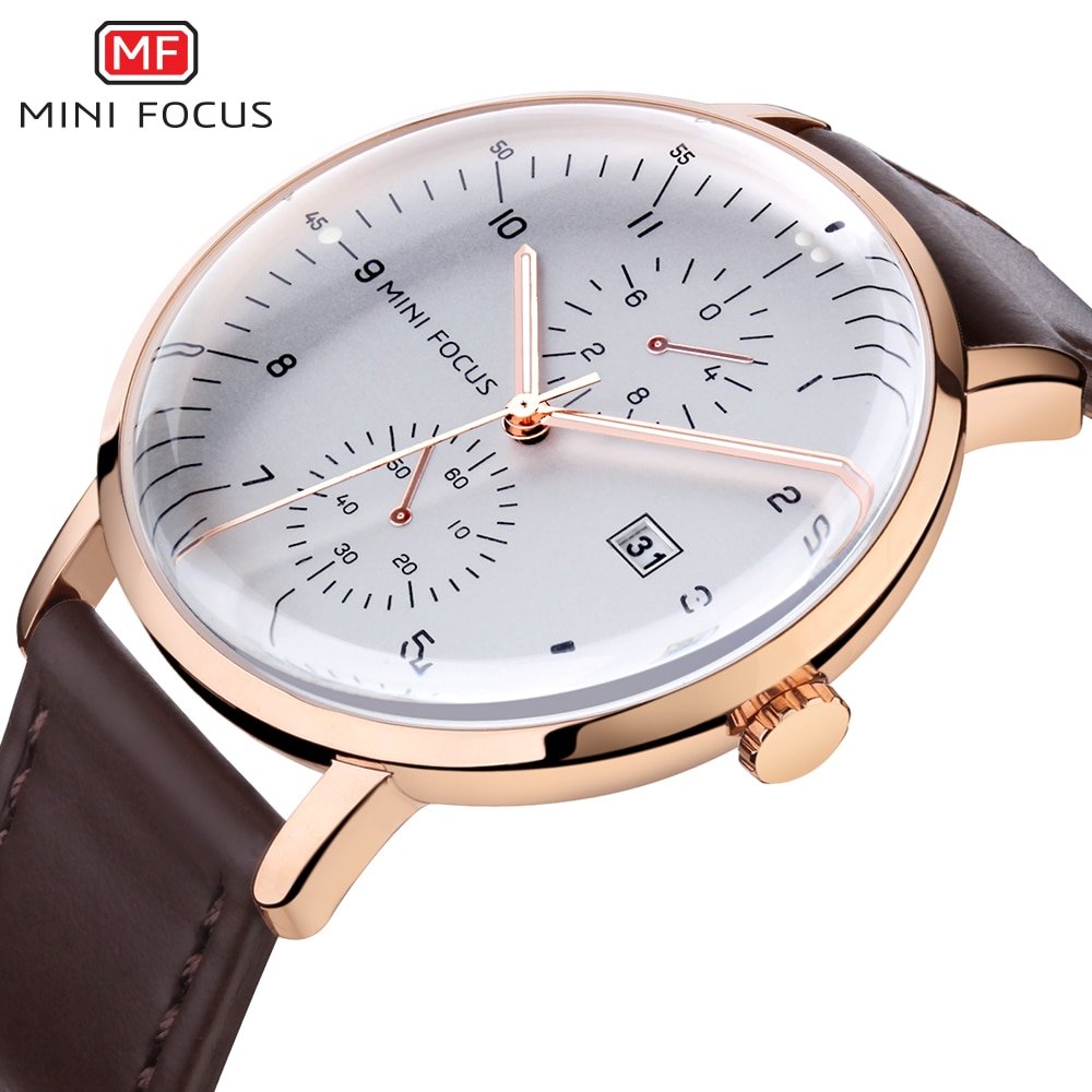 MINI FOCUS montre bracelet en cuir v ritable marron pour hommes horloge Quartz affichage automatique de