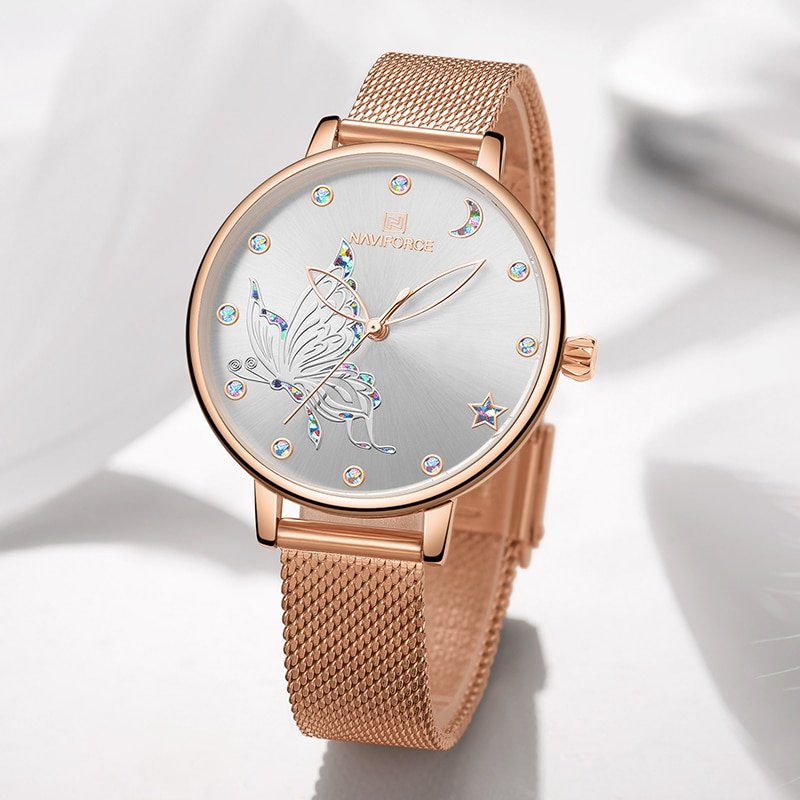NAVIFORCE montre Bracelet de luxe en cristal pour femmes marque sup rieure maille en acier or 1