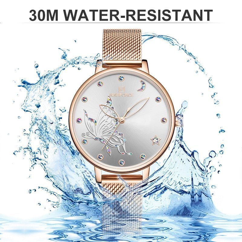 NAVIFORCE montre Bracelet de luxe en cristal pour femmes marque sup rieure maille en acier or 4