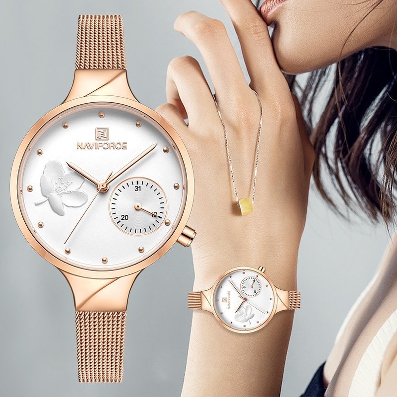 NAVIFORCE montre Quartz en acier inoxydable pour femme marque de luxe tendance maille tanche 1 NAVIFORCE montre Quartz en acier inoxydable pour femme marque de luxe tendance maille tanche 1