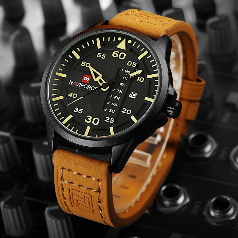 Montre Homme NAVIFORCE NF9235 Style Militaire - Analogique + Numérique - Étanche 30m - Bracelet Cuir - Cadran 45mm