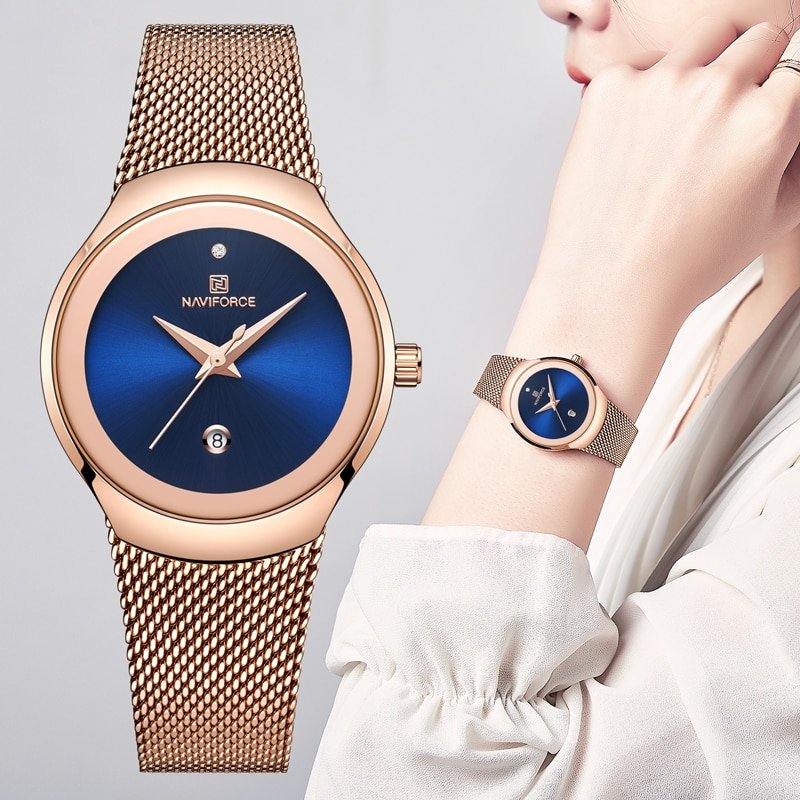 NAVIFORCE montre bracelet de luxe Quartz pour femmes classique la mode Simple Rose or bleu avec