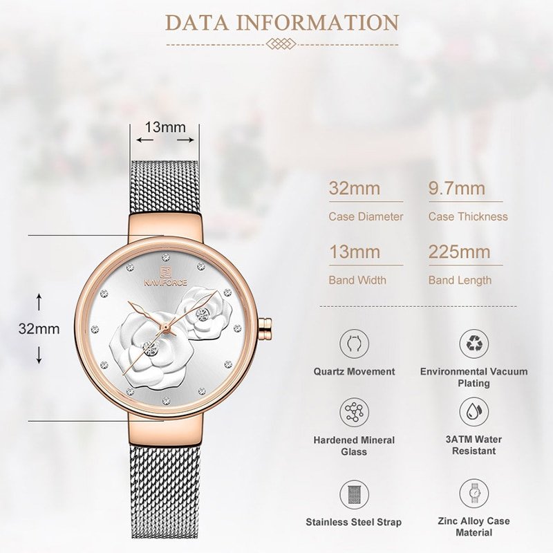 NAVIFORCE montre bracelet tanche pour femmes marque de luxe maille en acier fleur Quartz charmante horloge 2