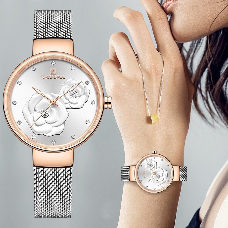 NAVIFORCE montre bracelet tanche pour femmes marque de luxe maille en acier fleur Quartz charmante horloge