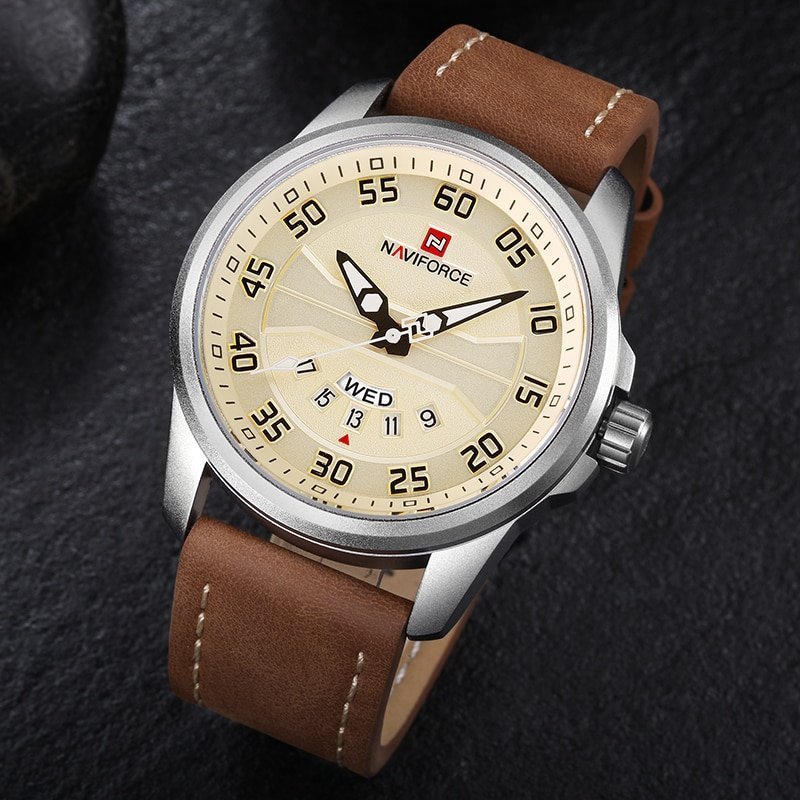 NAVIFORCE montre de sport Quartz pour homme bracelet en cuir style militaire tanche 3