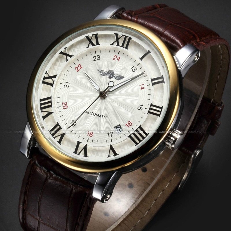 WINNER montre bracelet en cuir pour homme analogique m canique calendrier militaire cadran romain